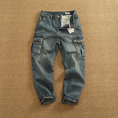 牛仔裤 咔叽复古蓝多口袋长裤 子男欧美潮流水洗做旧小直筒微锥工装