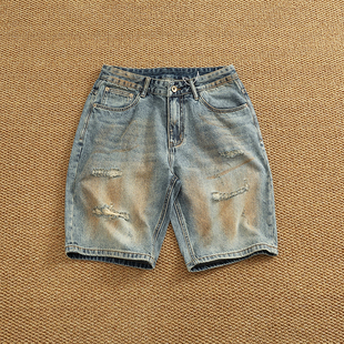 vintage美式复古牛仔短裤男夏季新款水洗做旧宽松直筒五分裤中裤