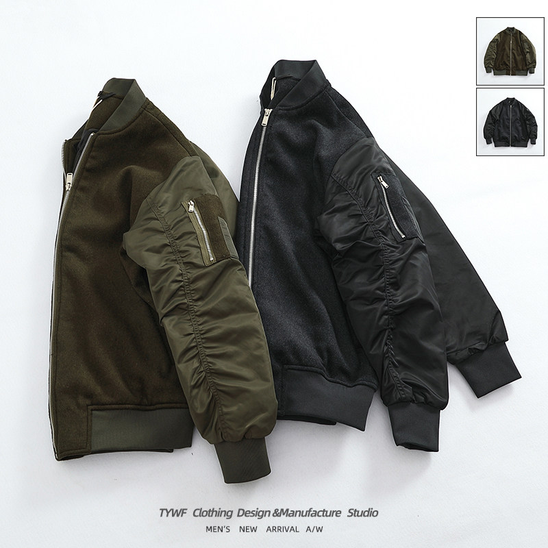 秋冬新款棒球领棉服外套男装羊毛拼布拼色复古MA-1经典飞行夹克潮
