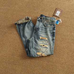 高端高品质重磅牛仔裤 男高街潮流补丁破坏猫须重工水洗锥形直筒裤