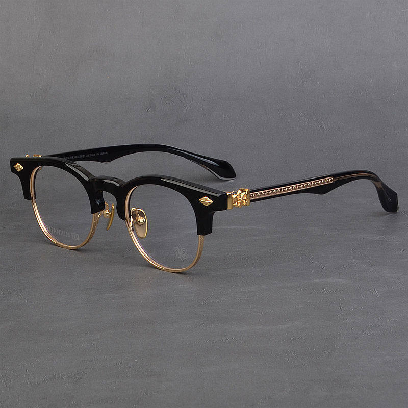 奢华百搭复古半框纯钛眼镜架女款通用个性大脸板材近视眼镜男圆形