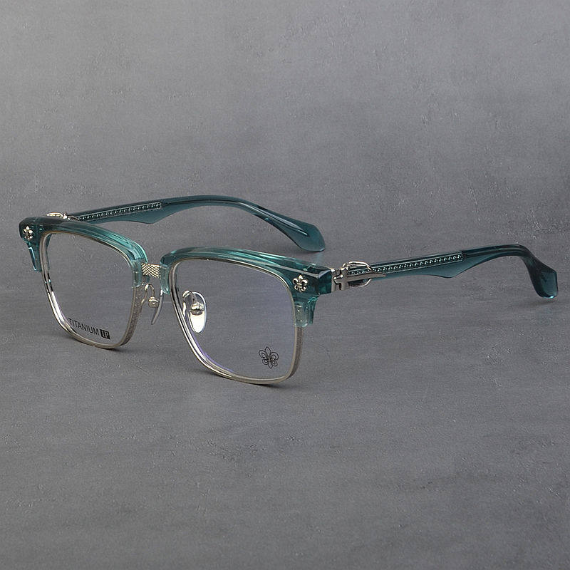 高端纯钛百搭复古半框眼镜架男超宽通用绿色潮流板材眼镜框女大脸