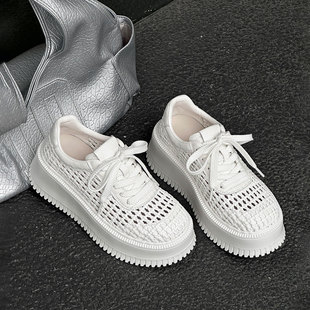 增高厚底松糕鞋女2025新款夏季透气网面鞋镂空编织小白鞋配阔腿裤