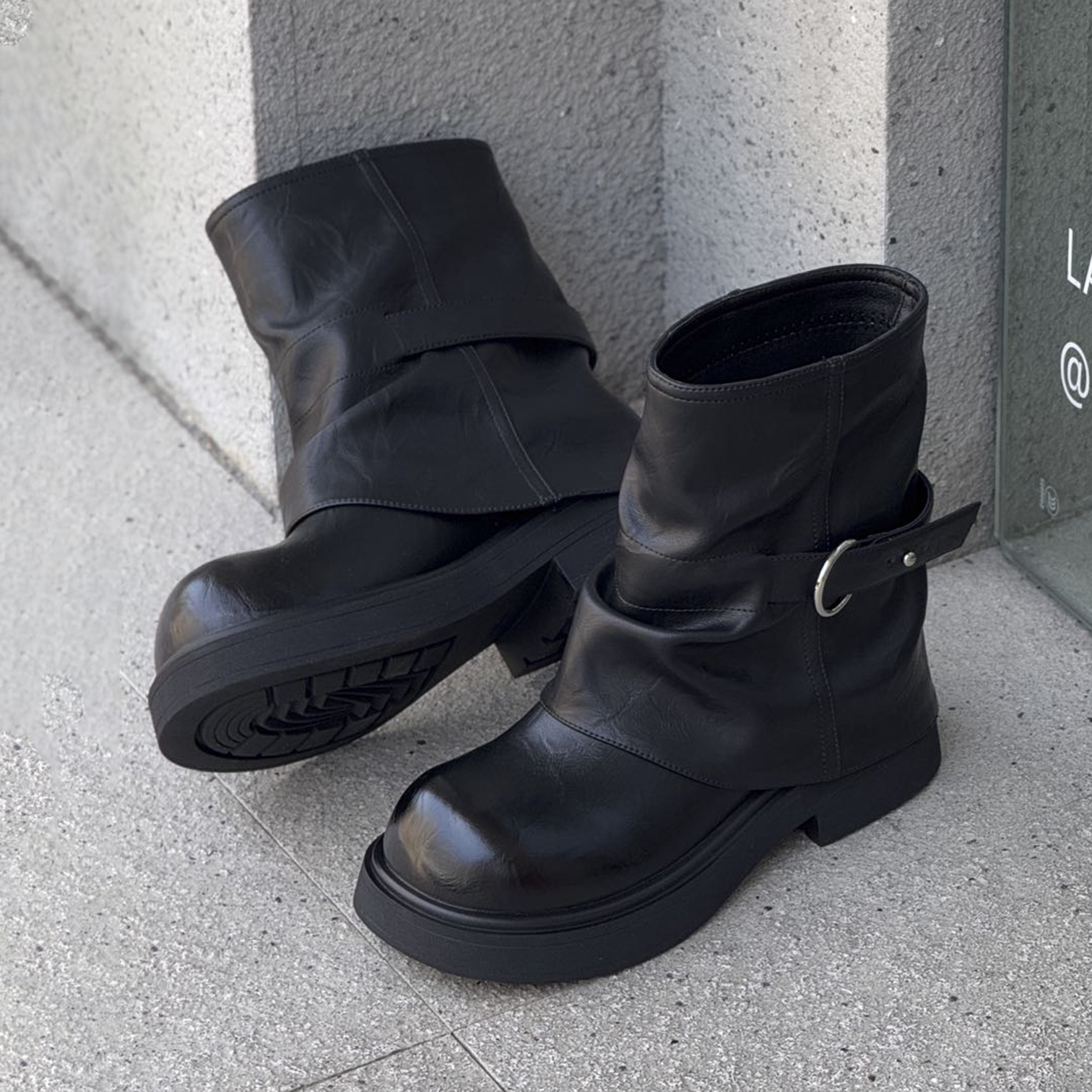 秋季黑色裤管靴皮带扣厚底短靴