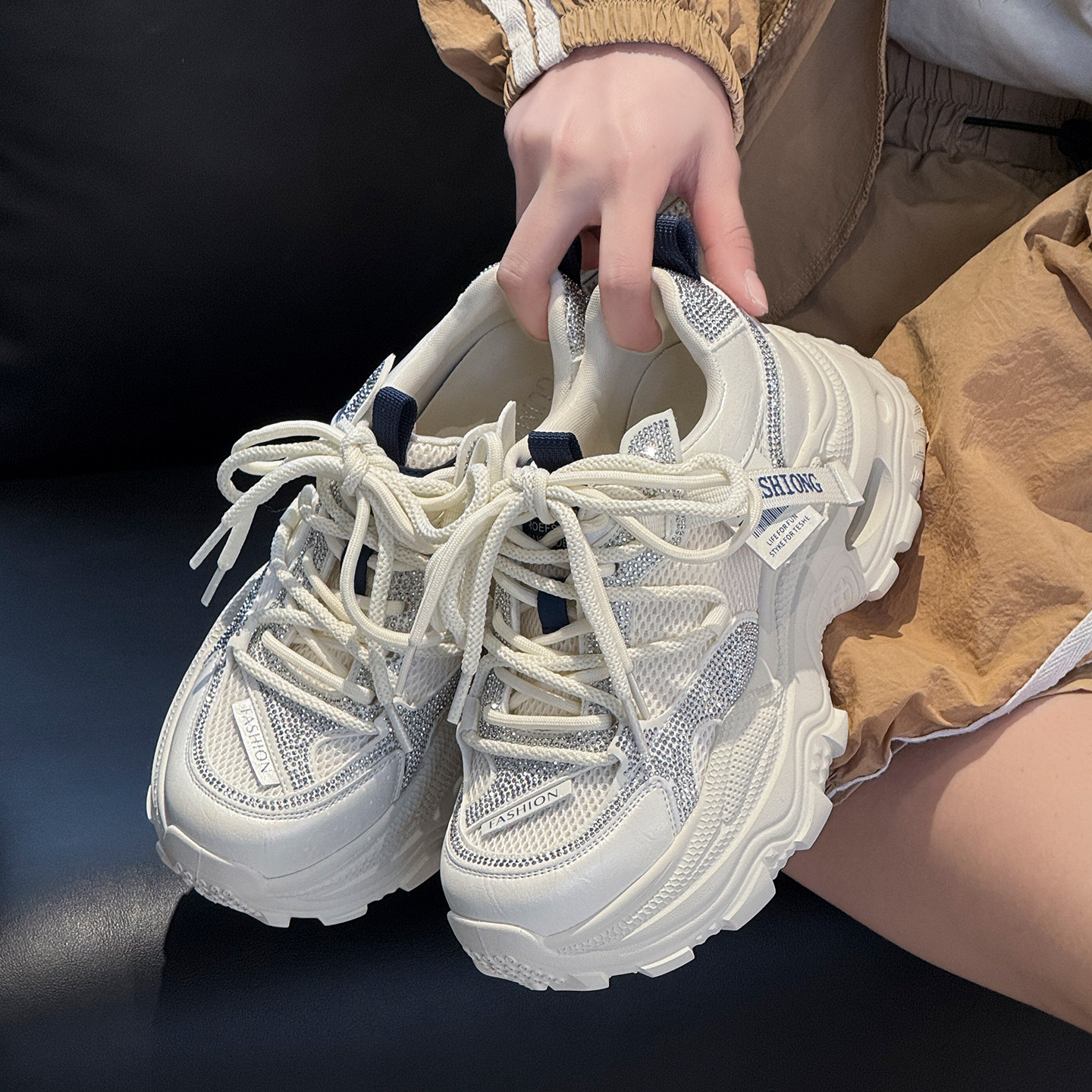 水钻厚底老爹鞋女2026新款春款时尚百搭显脚小爆款增高鞋配阔腿裤,女鞋,老爹鞋,淘宝优惠券,粉丝福利购,淘宝优惠卷