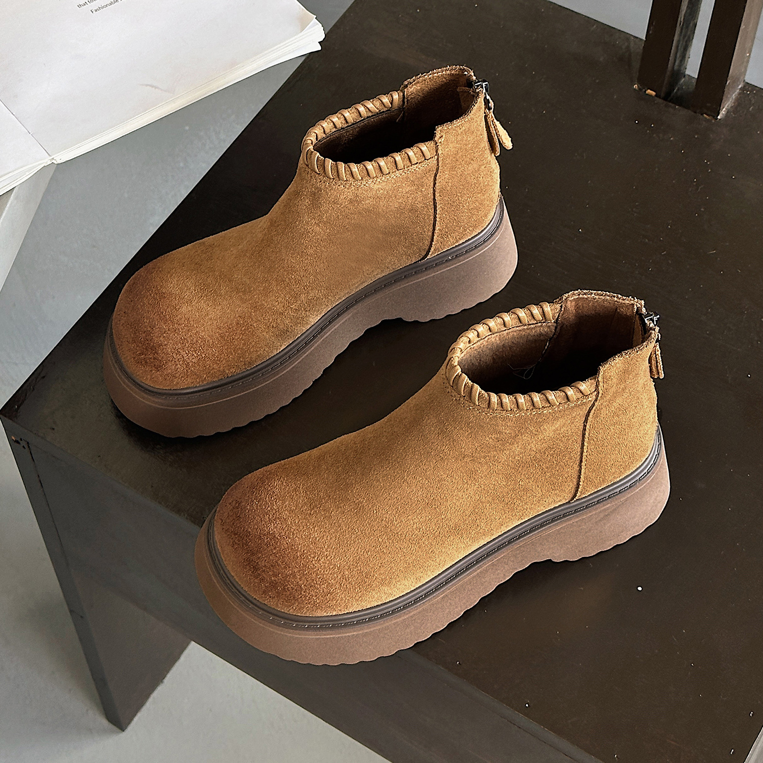 绒面大头勃肯短靴擦色增高马丁靴