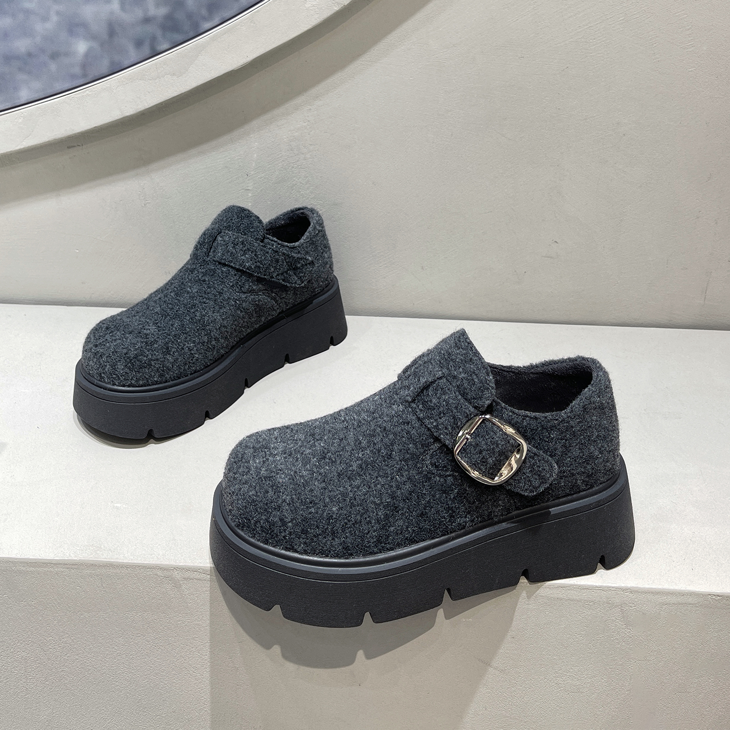 一脚蹬棉鞋可爱大头毛绒乐福鞋