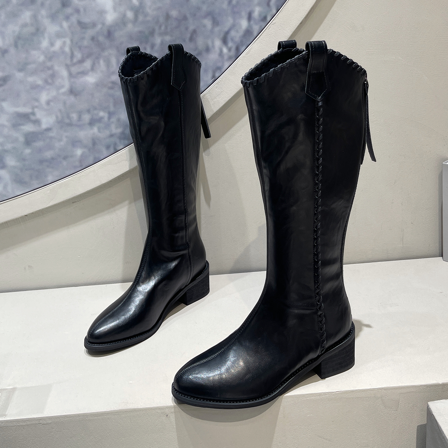 加绒粗跟长靴v口尖头西部牛仔靴