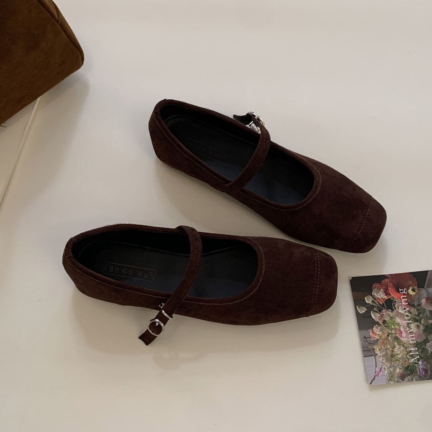 复古绒面棕色玛丽珍鞋平底单鞋