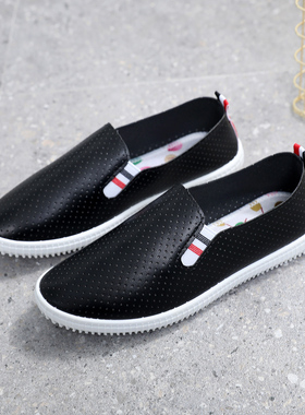 新款夏季白色打孔皮面鞋 韩版一脚蹬豆豆鞋 女式运动单鞋休闲鞋