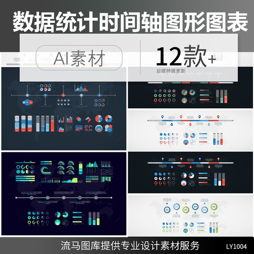 简约时尚大数据分析时间轴饼状图形图表PPT元素AI矢量设计素材