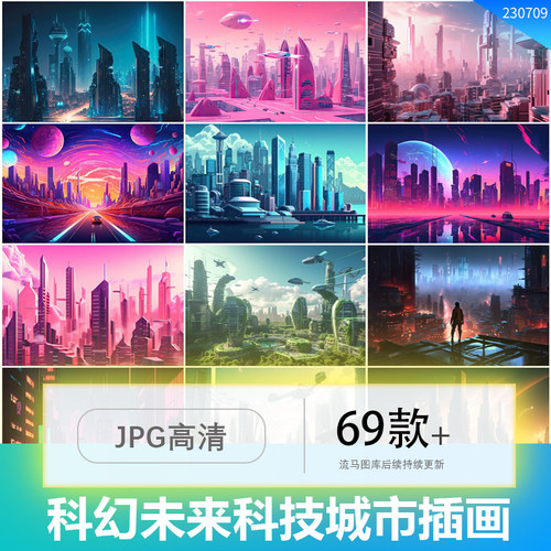 创意科幻未来科技智慧城市都市粉色系AI智能生成插画参考图高清图