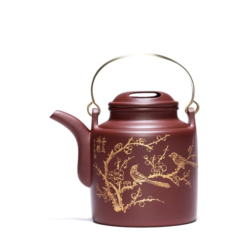 宜兴紫砂壶纯手工大容量泡茶壶刻花鸟喜上眉梢特大洋桶壶约1000ml