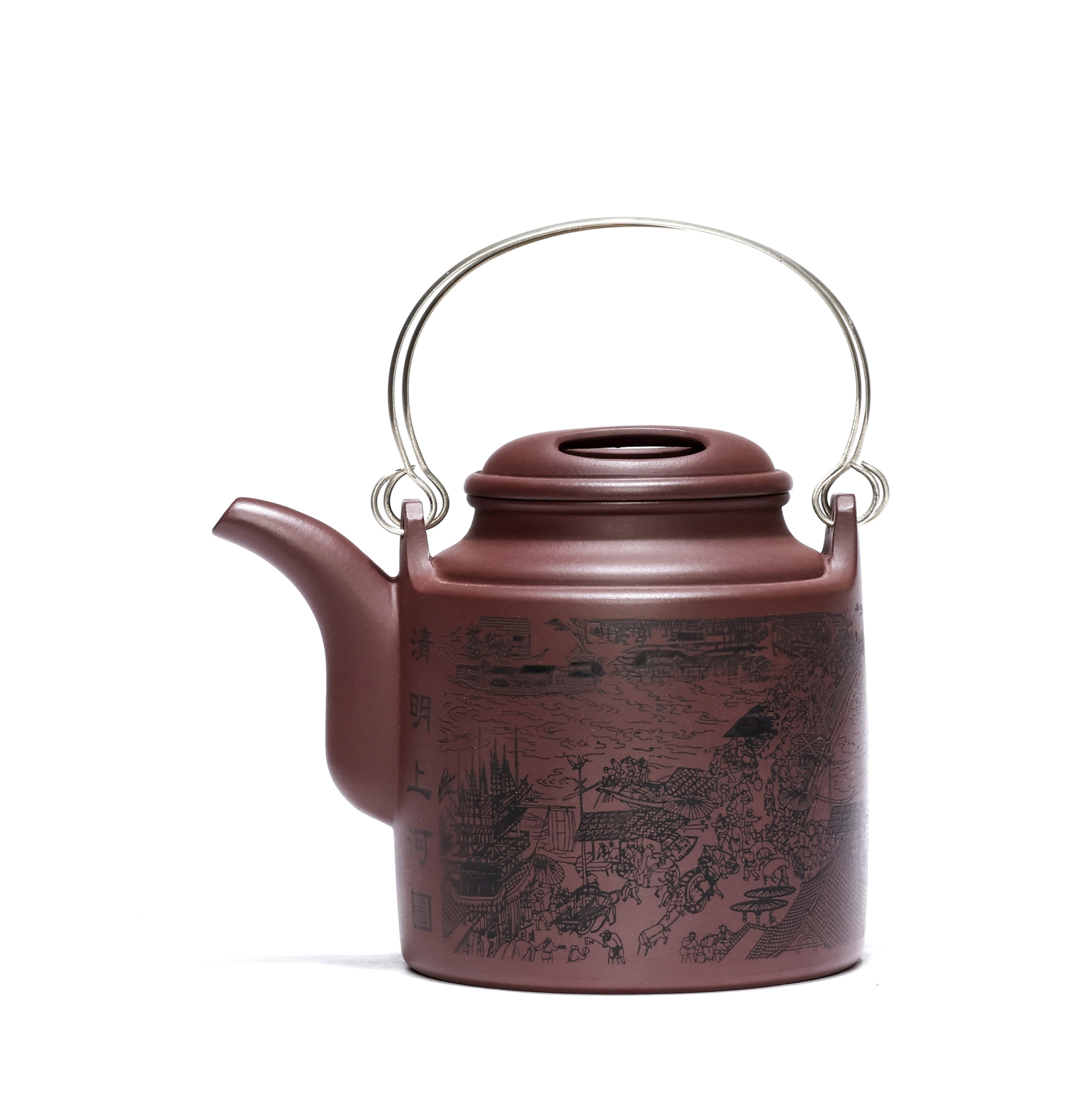 宜兴紫砂壶纯手工大品泡茶壶摆件紫泥特大清明上河图洋桶壶800ml