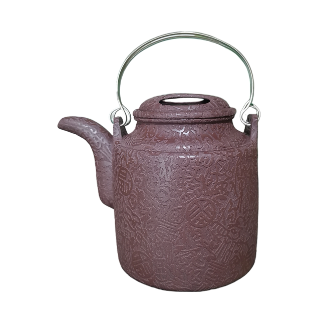 宜兴紫砂壶纯手工大容量送礼泡茶壶摆件阳刻百福提梁洋桶壶800ml