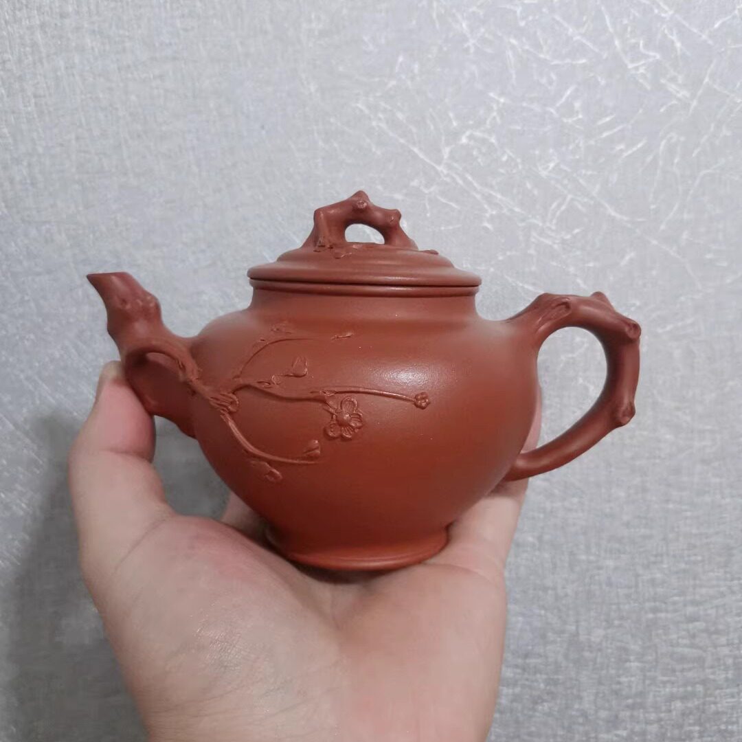 宜兴花器紫砂壶纯手工大品容量泡茶壶内推球孔朱泥梅报春壶350ml