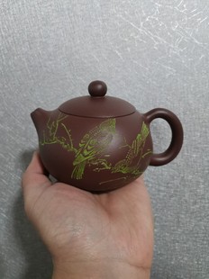 宜兴紫砂壶纯手工大品容量泡茶壶家用茶具紫泥刻花鸟西施壶380ml