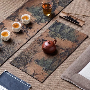 香云纱茶席禅意水墨画山居图双面茶桌垫 茶室空间国风文创茶桌旗
