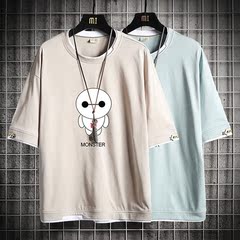 Summer cotton short sleeve t-shirt men's trend fake two loose 5-sleeve Top Men's