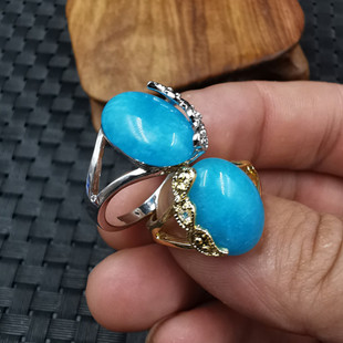 新款天然玉石天河石蛋面戒指天蓝色玉石戒指玉指环