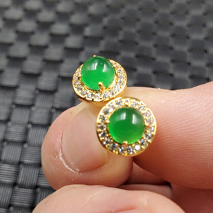 玉石耳钉冰种绿玉髓圆形耳钉碧绿色玛瑙玉髓镶钻玉耳钉玉耳坠耳饰