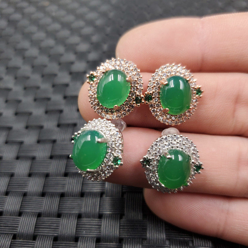 s925镶嵚玉髓蛋面耳钉碧绿色玉髓镶钻耳钉玉石耳钉玉耳坠玉耳饰,珠宝/钻石/翡翠,耳饰,淘宝优惠券,粉丝福利购,淘宝优惠卷
