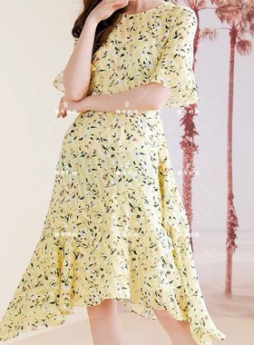 超值换购恋法式海边度假碎花雪纺黄色连衣裙eeow965q3i ow965q3i