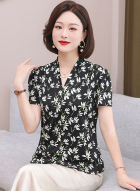 2025新款真丝针织衬衫女V领短袖妈妈装100%桑蚕丝印花上衣夏2521