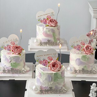 妇女节蛋糕烘焙装饰郁金香花束爱心女神节日快乐插牌甜品围边丝带