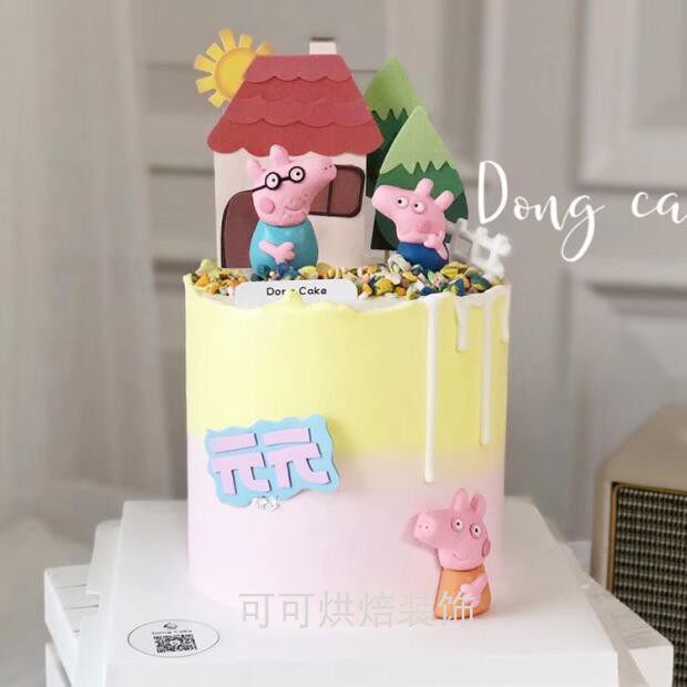 3d立体软陶小猪蛋糕装饰摆件一家四口小房子插牌烘焙装扮卡通人偶