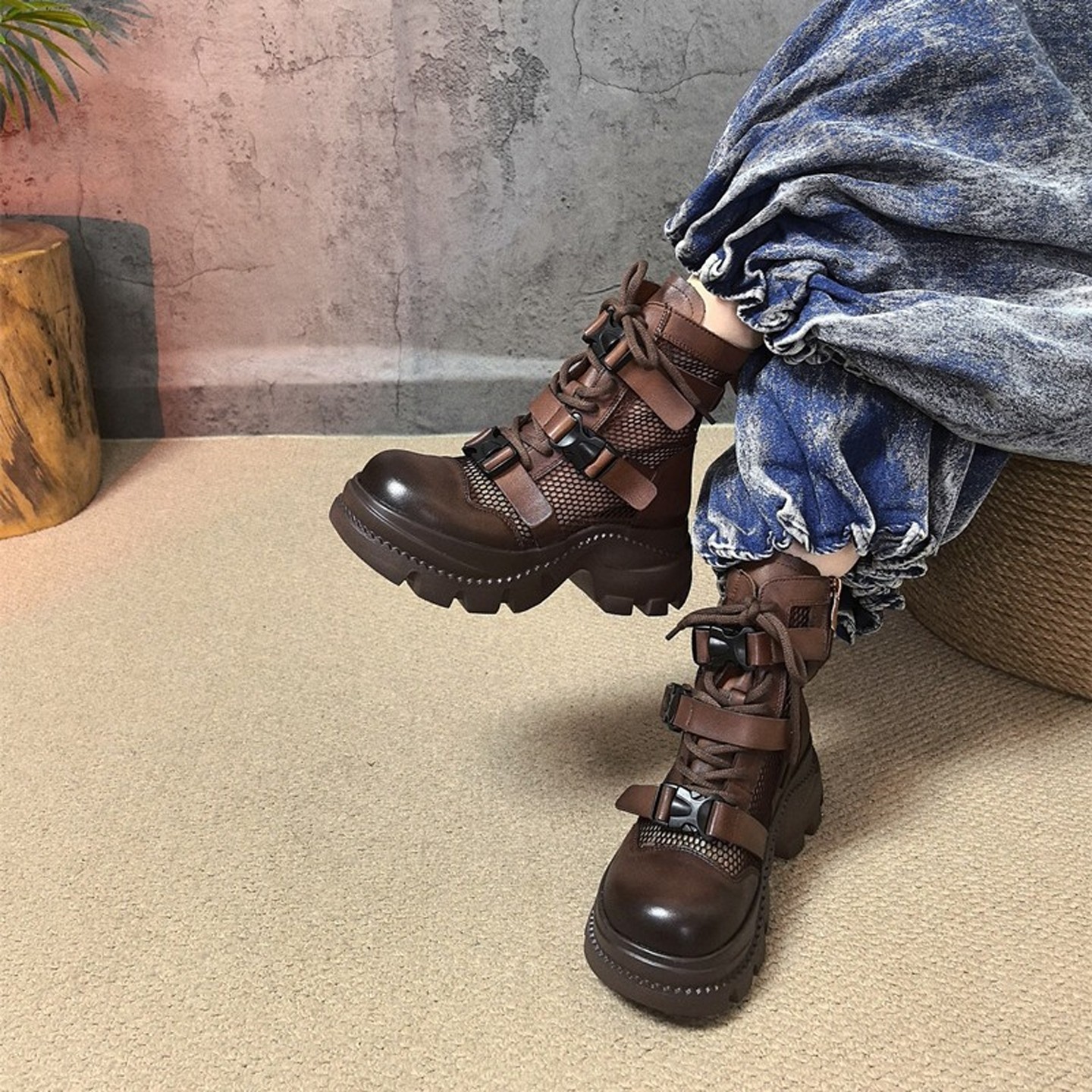 四月倾城网面真皮马丁靴女2026春夏新款厚底增高皮带扣松糕凉靴,女鞋,马丁靴,淘宝优惠券,粉丝福利购,淘宝优惠卷