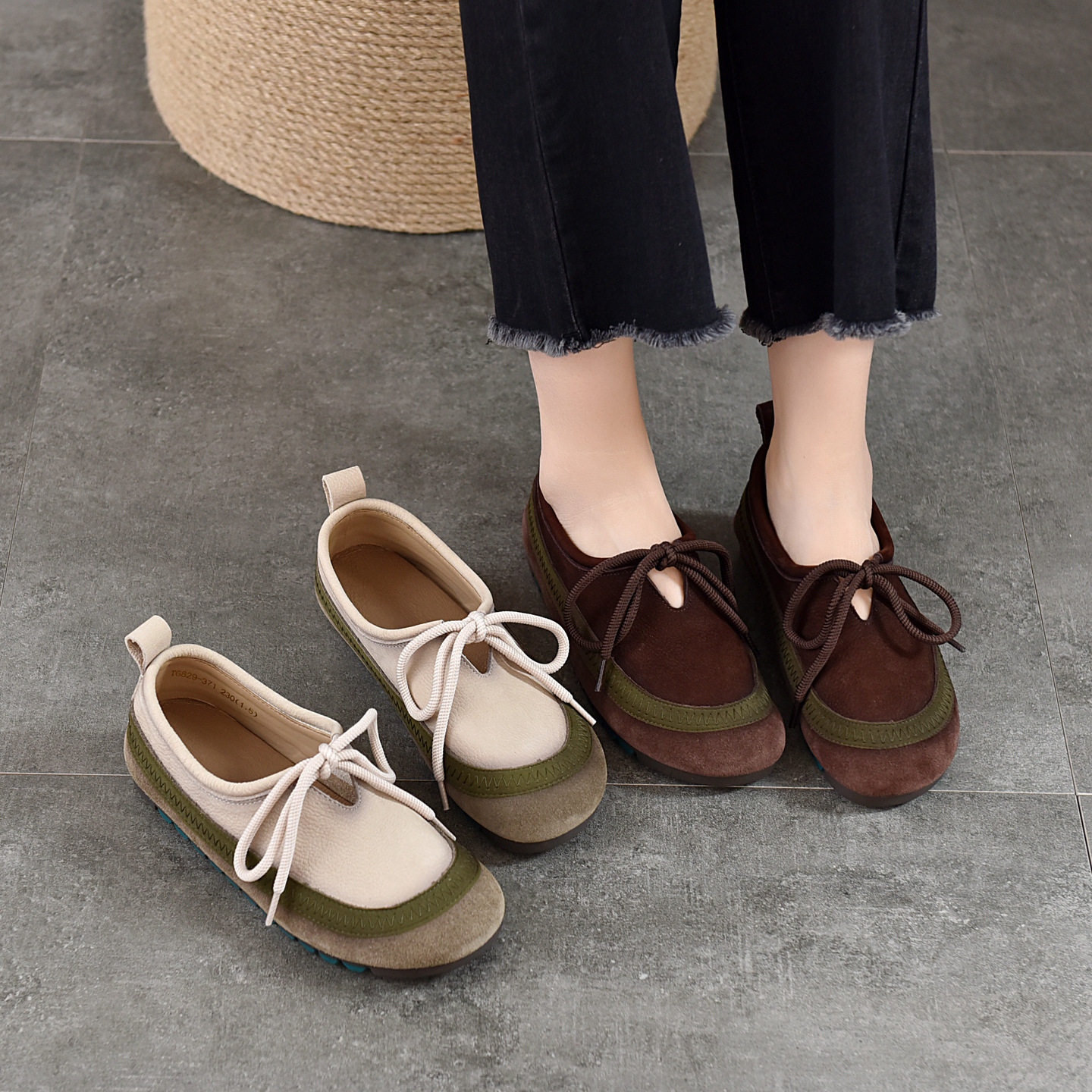 复古文艺风真皮拼色单鞋女2026春夏新款平跟软底奶奶鞋简约休闲鞋,女鞋,时尚休闲鞋,淘宝优惠券,粉丝福利购,淘宝优惠卷