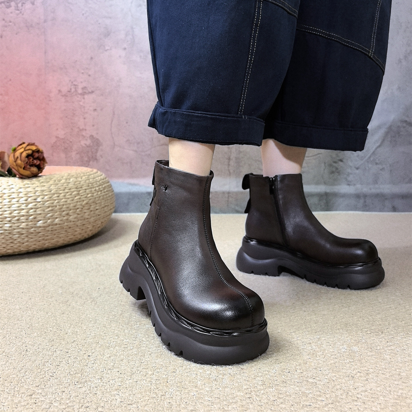 头层牛皮英伦风厚底马丁靴短靴女