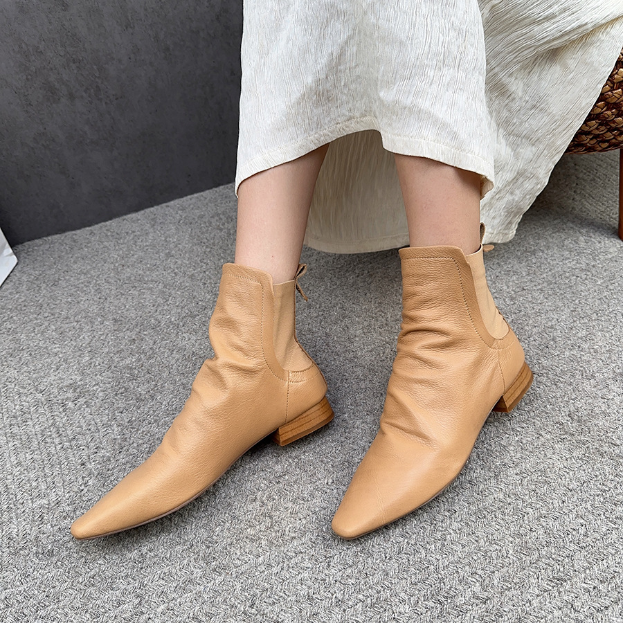 复古文艺f真皮粗跟短靴尖头女靴