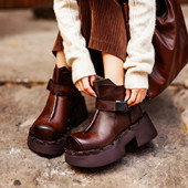 四月倾城秋冬新款 真皮复古厚底粗高跟马丁靴个性 猪鼻头英伦风短靴