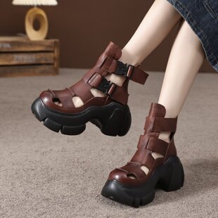 头层牛皮厚底镂空凉靴女皮带扣透气包头高帮凉鞋 坡跟松糕底罗马鞋