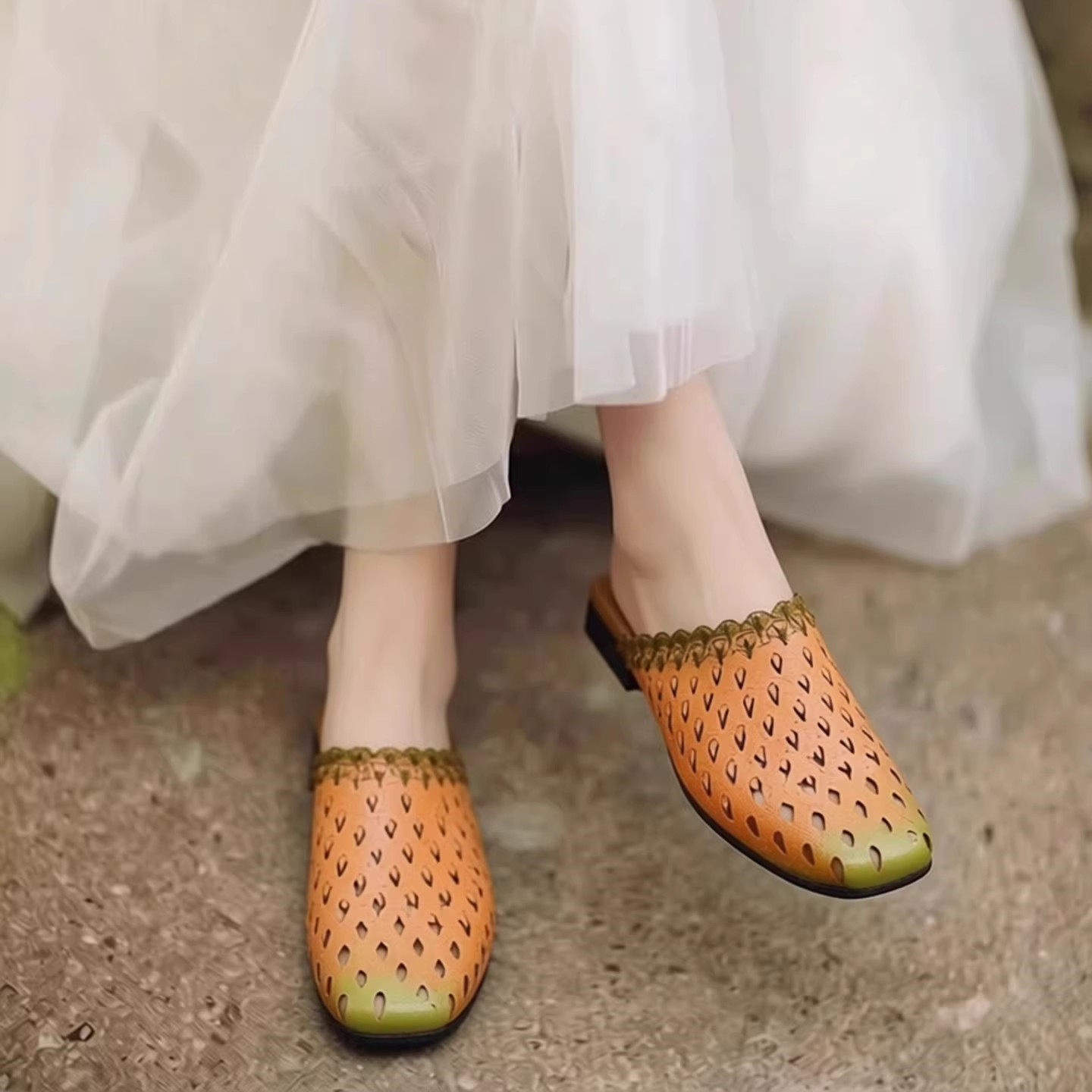 复古真皮镂空包头拖女夏新款手工擦色方头低跟外穿凉拖软底渔网鞋,女鞋,其他拖鞋,淘宝优惠券,粉丝福利购,淘宝优惠卷