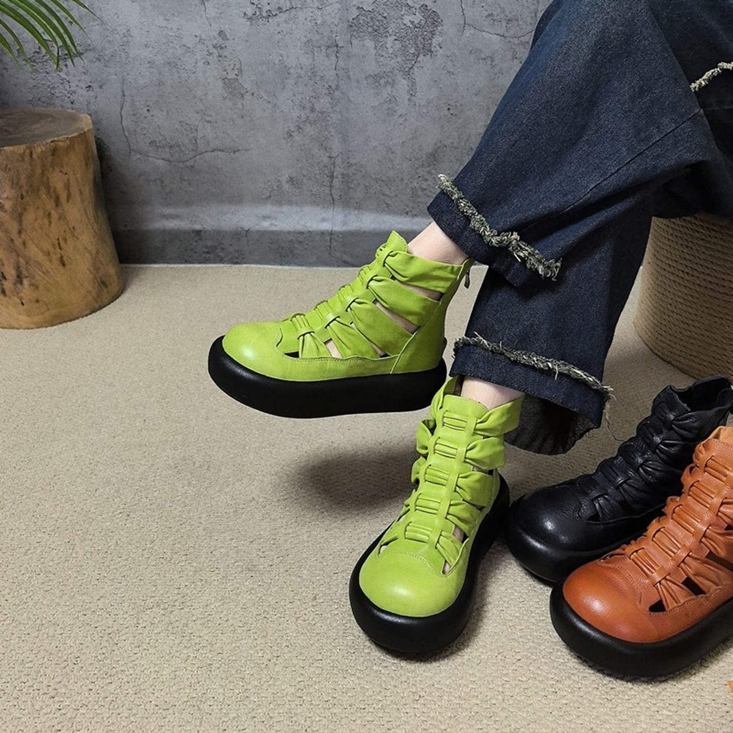 真皮厚底凉靴女2026春夏季新款复古手工镂空短靴大头洞洞罗马凉鞋,女鞋,罗马凉鞋,淘宝优惠券,粉丝福利购,淘宝优惠卷