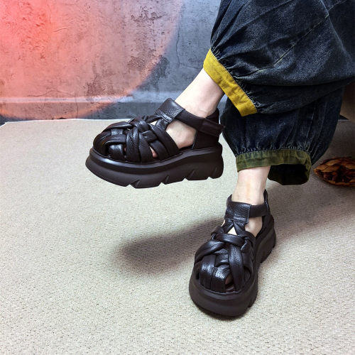 头层牛皮编织包头厚底罗马凉鞋女