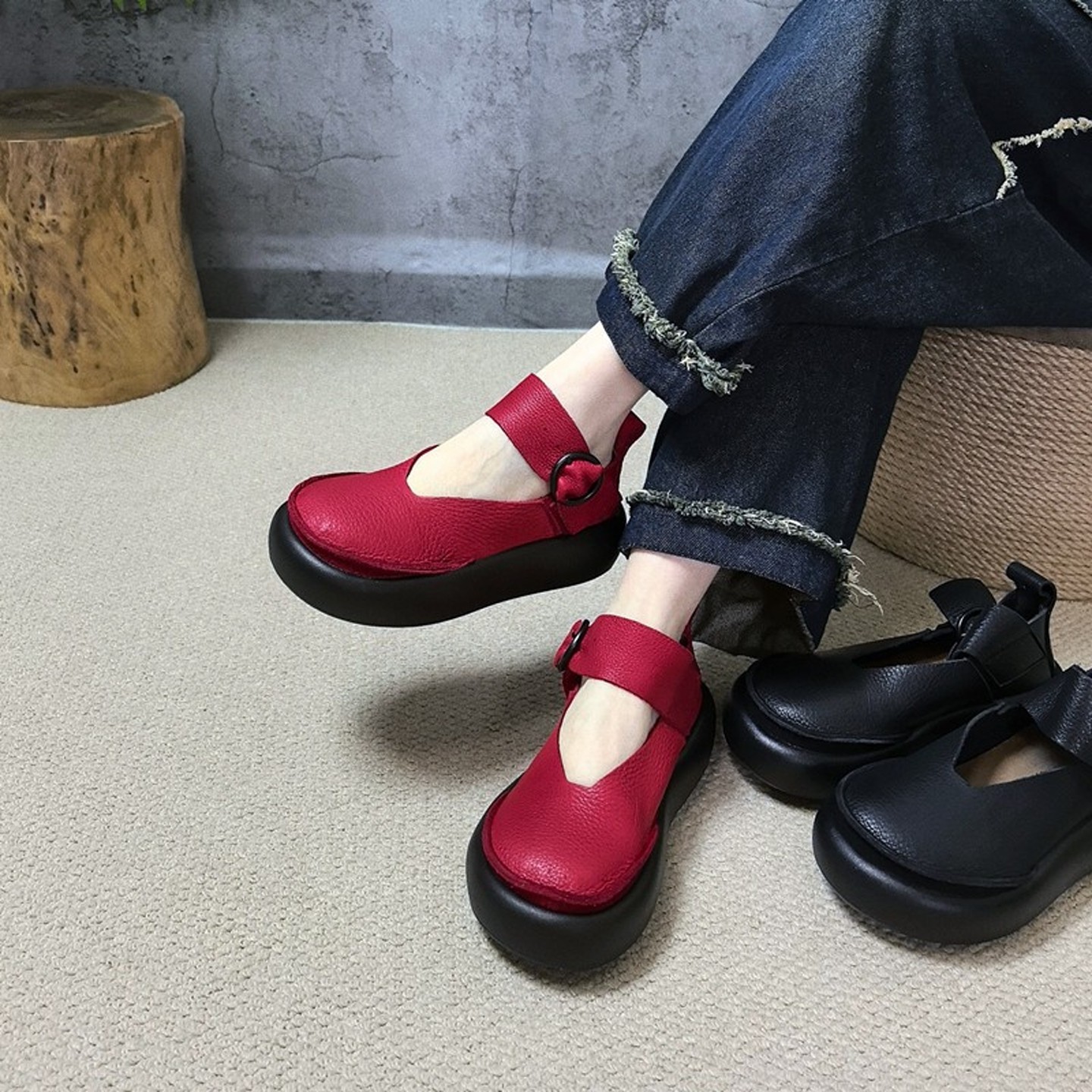 四月倾城真皮厚底单鞋女2026春夏新款松糕跟增高V口一脚蹬凉鞋女