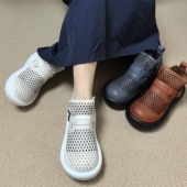 真皮休闲凉鞋 镂空低帮凉靴 大圆头厚底洞洞鞋 女夏2026新款 复古时尚