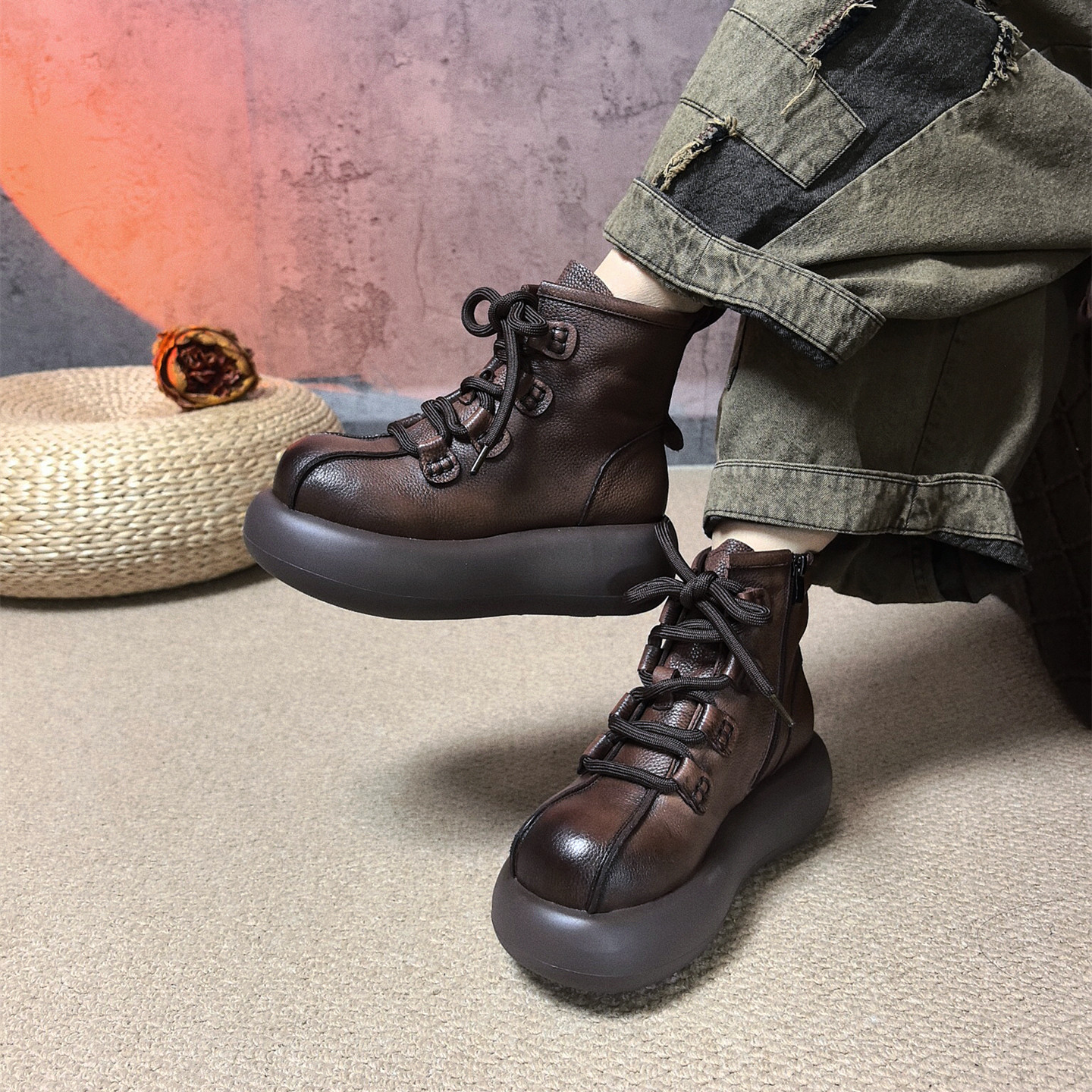 头层牛皮厚底复古大头马丁靴短靴