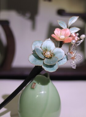 非遗丝绒花古风黑檀木簪子