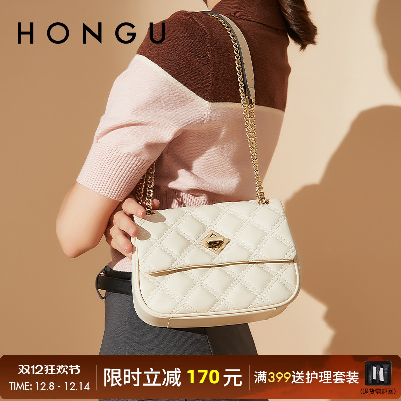 HONGU/红谷简约链条包女包新款牛皮菱格单肩包时尚百搭通勤斜挎包