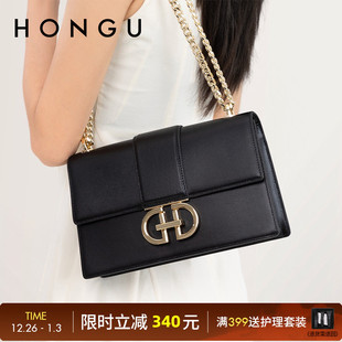 HONGU红谷女包包牛皮单肩斜挎链条小方包时尚 百搭休闲腋下包包