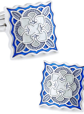 正方蓝色绽放 镀白金袖扣 精致珐琅 法式袖钉男士袖口1