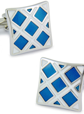 经典蓝色格子 银色袖扣 珐琅质 法式 袖钉男士袖口1