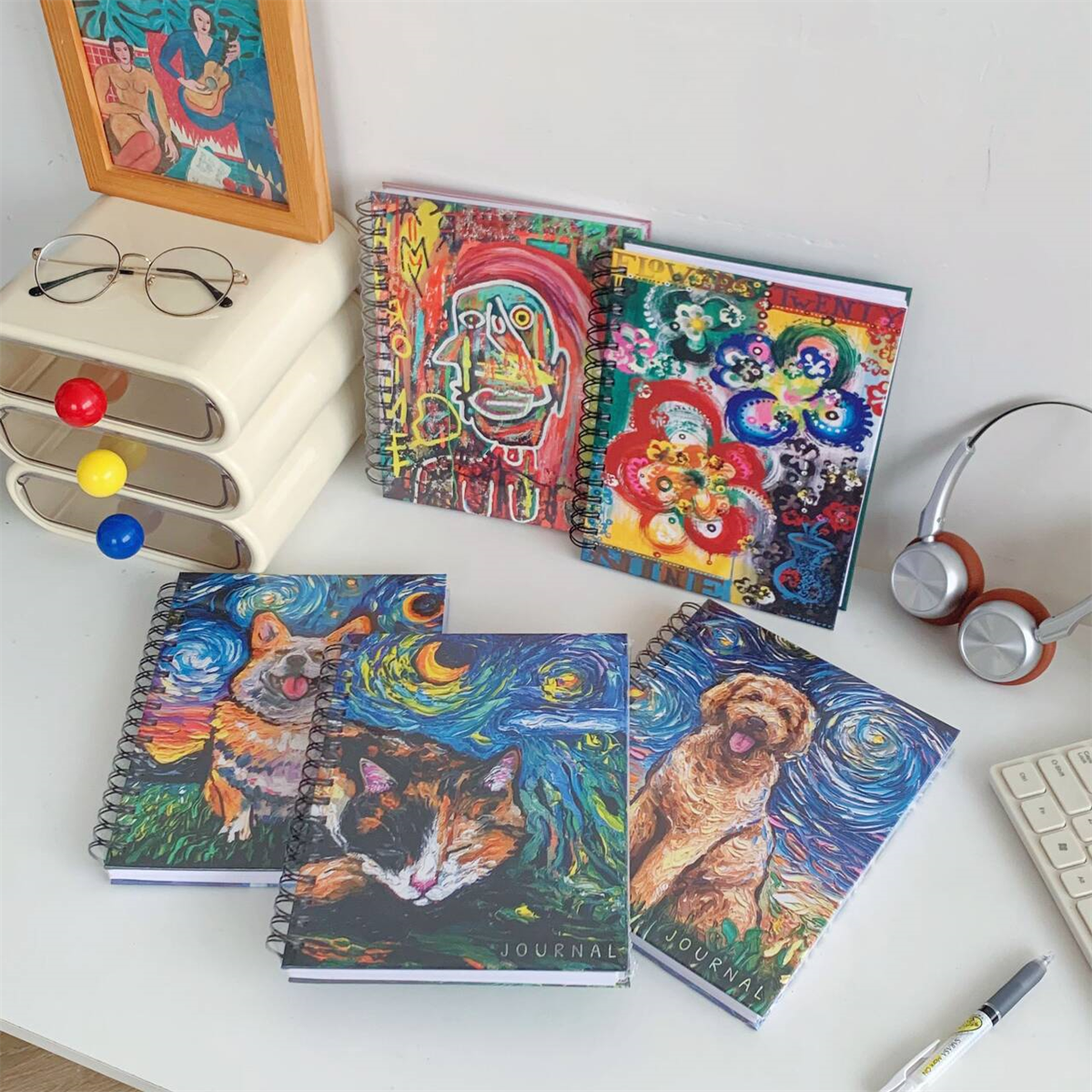 出口好货！艺术大师联名！油画宠物星空加厚纸张线圈本横线笔记本