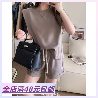 包邮 直角肩套装夏季新款圆领无袖短袖t恤短裤薄款黑色两件套