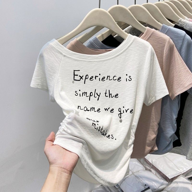 莫代尔2025新款不规则字母印花短袖t恤女褶皱收腰显瘦上衣外穿